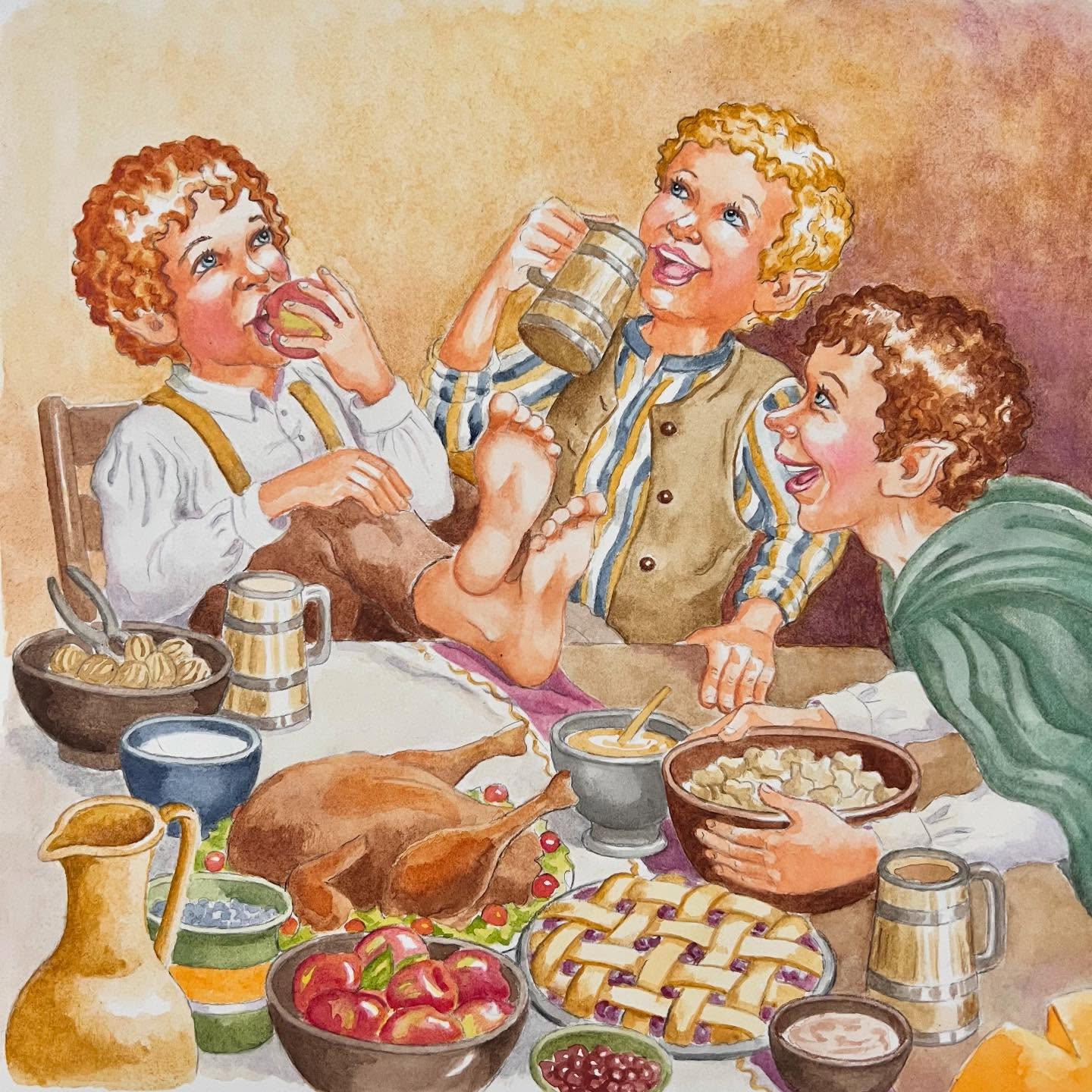 I had a hobbit’s feasting over Thanksgiving.  I have been blessed with so many spiritual and physical gifts! Scripture reminds us over and over to be thankful. Even in the middle of hardships. There is something about being thankful, that recreates our ability to truly “see.” I don’t know how to explain it. Perhaps the best way to find out, is to practice it. Even if we are not in the mood. 🧐 Practice develops habits and habits create a life. Even in the hardest of times, the sun comes up! For that I am truly grateful. 

#grateful #thanksgiving #hobbits #hobbitfeasting #hobbitsthanksgiving #thanks #hobbitseating #hobbitart #illustration #childrensillustration #watercolor #watercolorhobbits